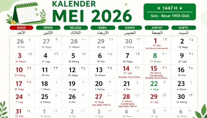 Kalender Mei 2026 Lengkap, Ini Jadwal Libur Idul Adha dan Hari Raya Waisak
