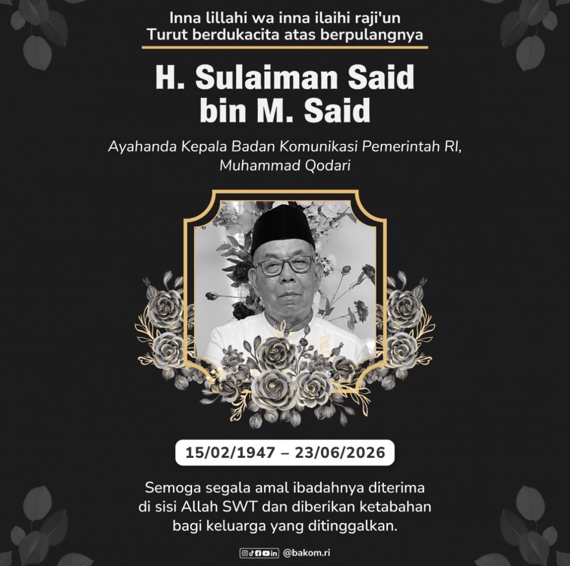 Kabar Duka, Ayah dari Kepala Bakom M Qodari Tutup Usia