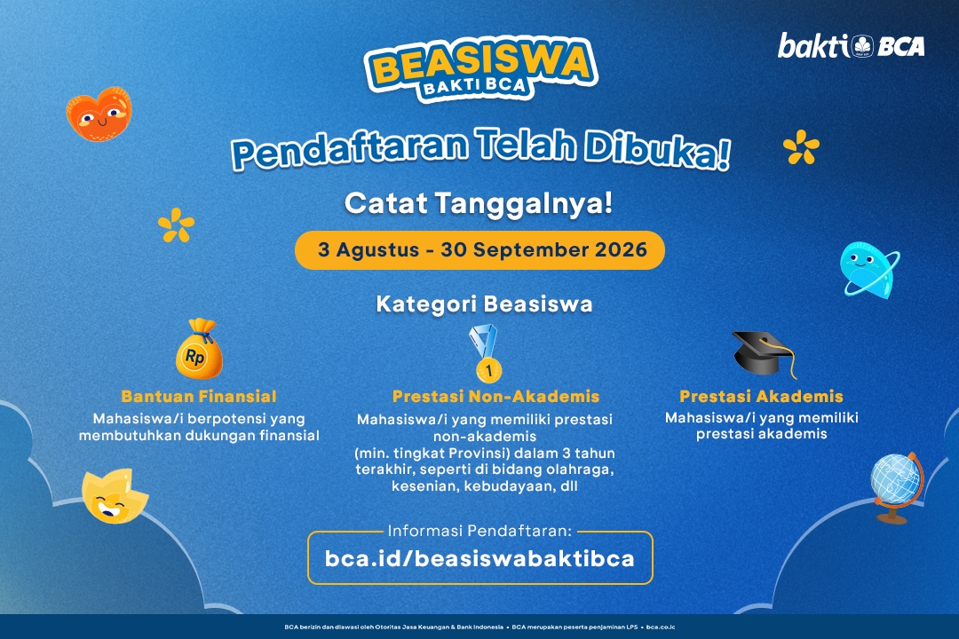 Beasiswa Bakti BCA 2027 Dibuka, Cek Jadwal dan Syarat untuk Mahasiswa S1 PTN