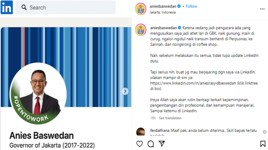 Anies Baswedan Perbarui Profil LinkedIn, Ungkap Status ‘Open to Work’