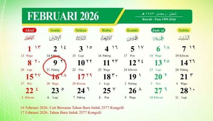 Kalender Jawa Hari Ini 9 Februari 2026: Cek Weton Senin Pahing dan Wataknya Menurut Primbon