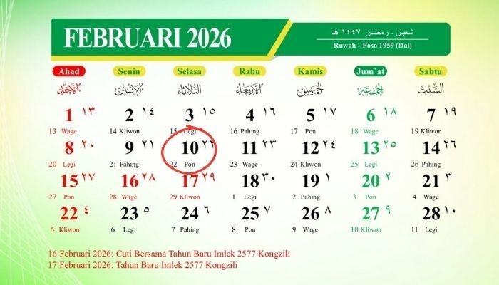 Kalender Jawa Weton 10 Februari 2026: Selasa Pon, Ini Sifat dan Keberuntungannya
