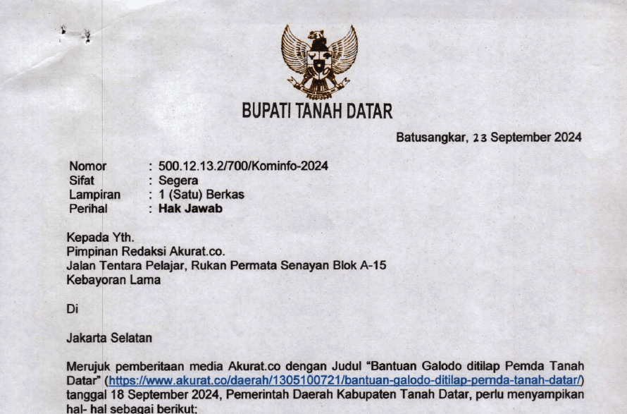 Hak Jawab atas Berita Bantuan Galodo Ditilap Pemda Tanah Datar