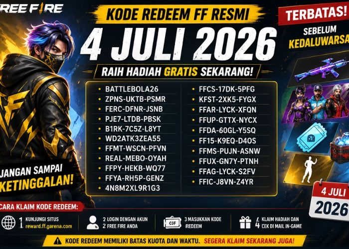 Terbatas! Cek Kode Redeem FF Resmi Hari Ini 4 Juli 2026 Sebelum Kedaluwarsa