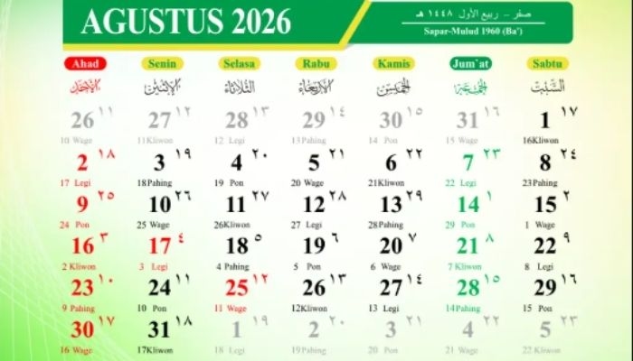 Kalender Agustus 2026: Daftar Hari Penting, Tanggal Merah, dan Long Weekend