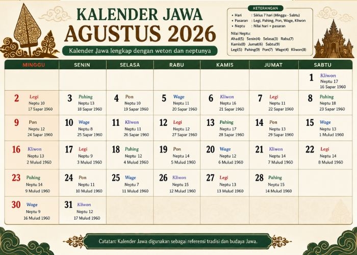 Kalender Jawa Agustus 2026: Cek Weton dan Neptu Lengkap Setiap Hari