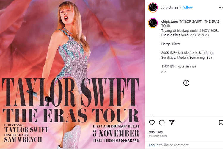 Harga Tiket Dan Lokasi Penayangan Film The Eras Tour Taylor Swift, Swifties Indonesia Jangan Sampai Terlewat!