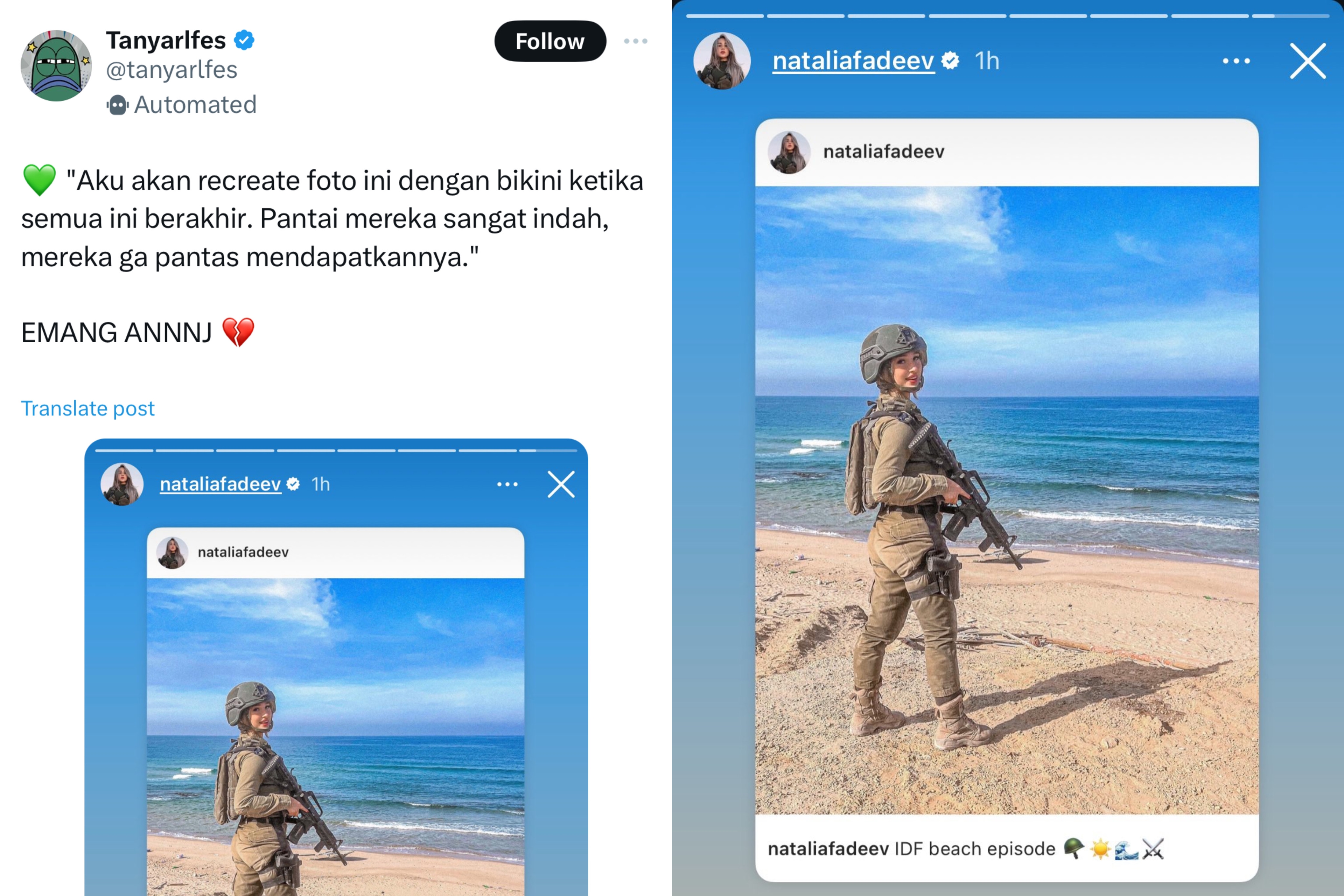 Lagi Tentara Israel Unggah Foto Bahagia di Pantai Gaza, Netizen Indonesia: Ketelen Tsunami Kek Lo