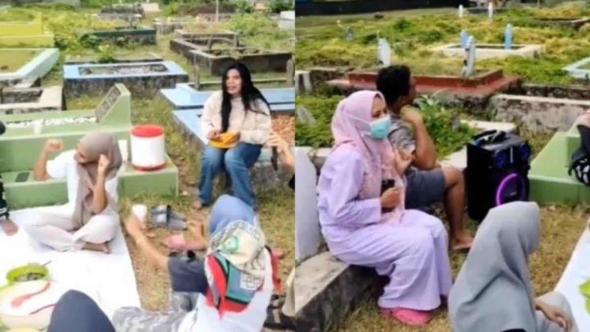 Viral Aksi Emak-emak Piknik Hingga Joget di Kuburan, Netizen: Malaikat Izrail Juga Gemes Liatnya!