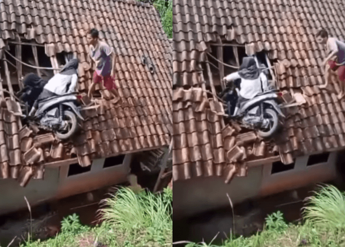 VIRAL Dua Remaja Perempuan Nyangkut Bersama Motornya di Atas Genteng Rumah Warga, Netizen: Terbang Tak Terbatas dan Melampauinya