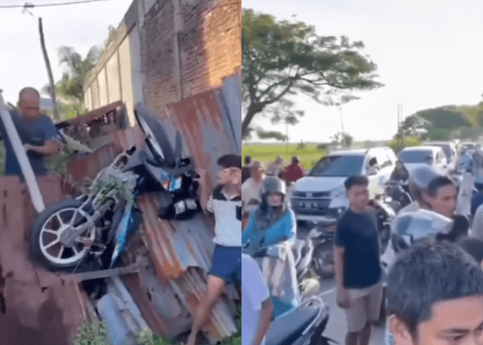 Di Luar Nurul! Motor Terbang dan Nyangkut di Seng Pembatas Lahan, Pengendara Langsung Tak Sadarkan Diri