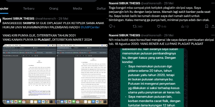 Viral! Mahasiswa UM Palembang Diduga Plagiat Skripsi Alumnus Unsri, Hampir Semua Tulisan Miliki Kesamaan