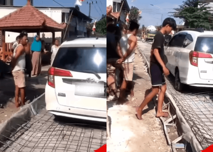 Bikin Geger! Mobil di Tuban Nekat Terobos Jalan yang Akan Dicor, Netizen: Sekalian Aja Cor Mobilnya...