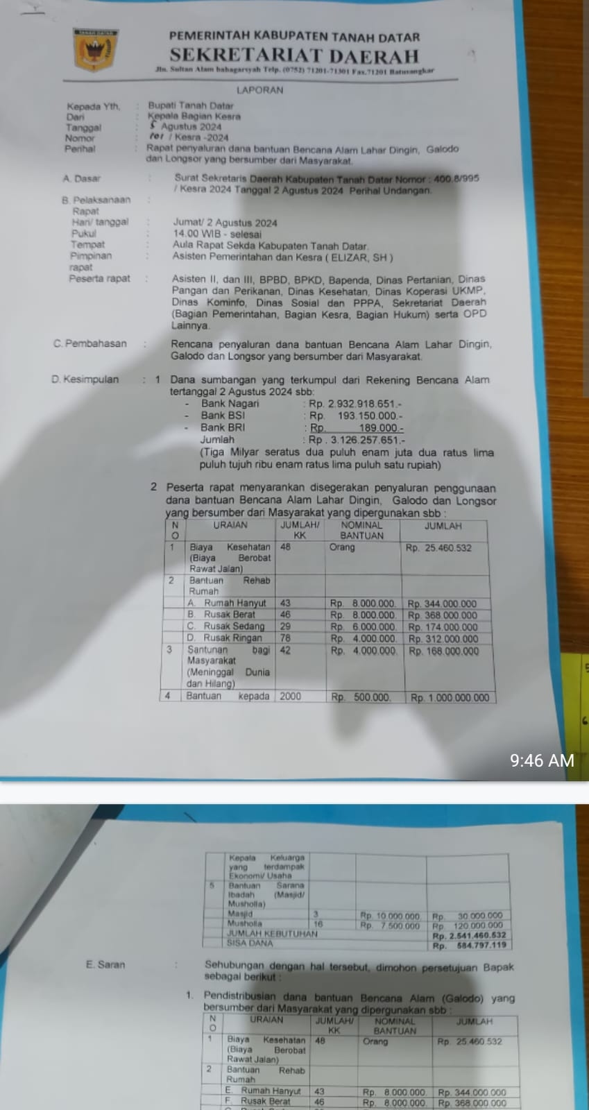 Bantuan Galodo Ditilap Pemda Tanah Datar