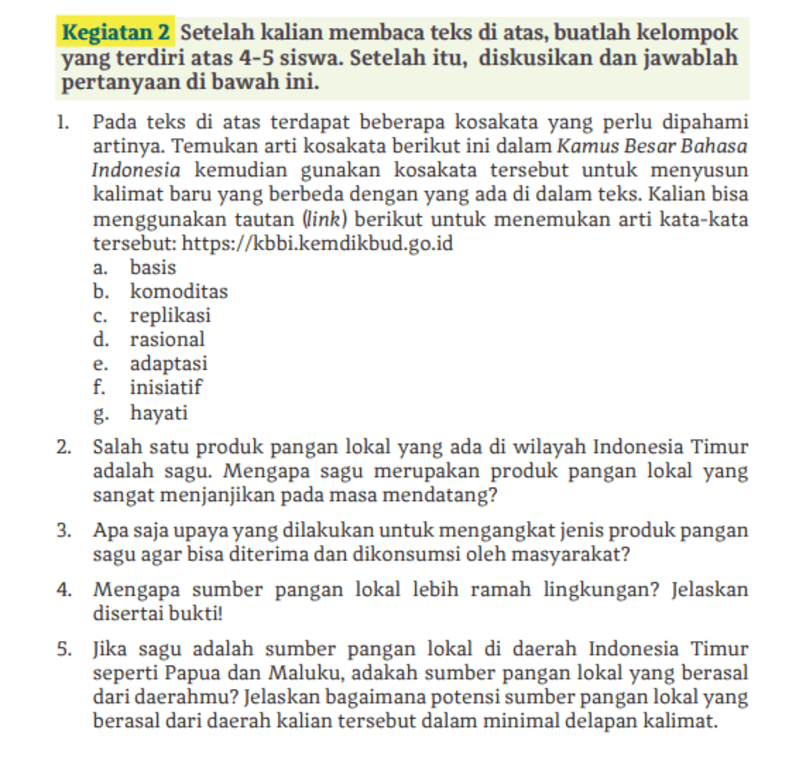 Panduan Kunci Jawaban Bahasa Indonesia Kelas 11 Halaman 6: Kegiatan 2 Pangan Lokal