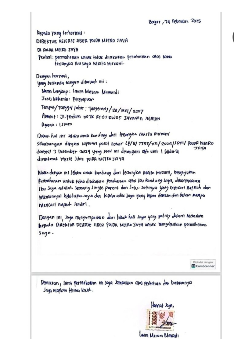 Tulis Surat Permohonan Penangguhan untuk Nikita Mirzani, Lolly: Ibu Saya Single Parent