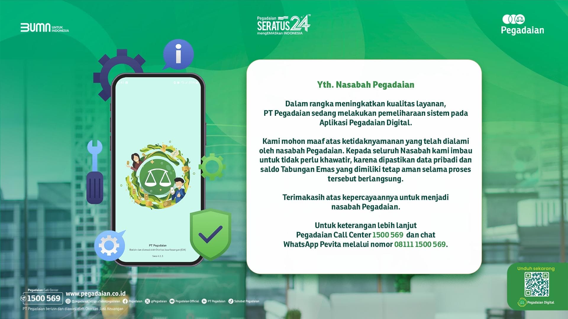 Pegadaian Lakukan Pemeliharaan Sistem, Pastikan Data dan Saldo Nasabah Aman