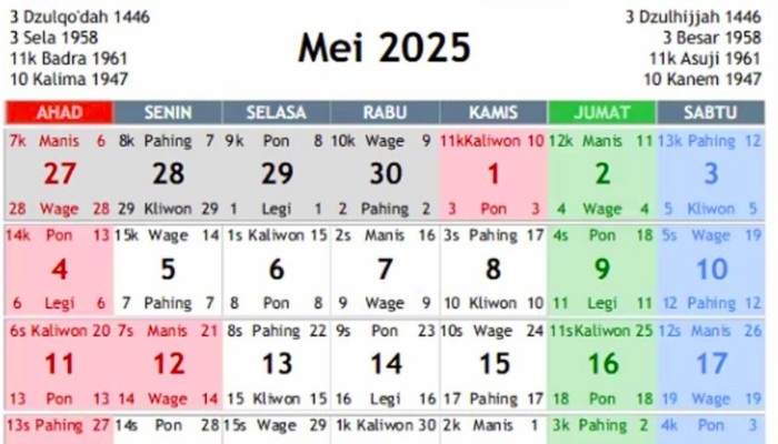 Kalender Jawa Mei 2025 Lengkap: Cek Weton, Hari Baik, dan Tanggalan Islam di Bulan Ini