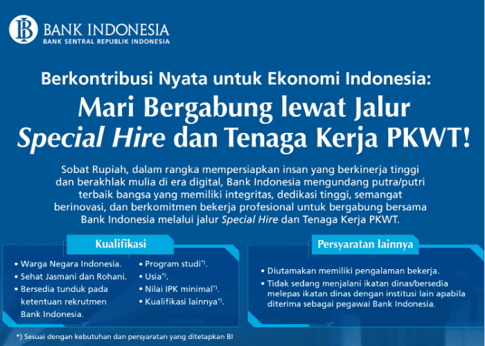 Bank Indonesia Buka Lowongan Kerja untuk Lulusan S1 dan S2, Simak Syarat dan Link Pendaftaran