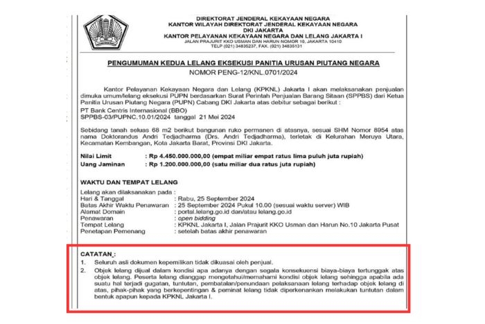 Waspada! KPKNL Lelang Aset Ruko Tanpa Dokumen Asli, Masyarakat Diminta Cermat