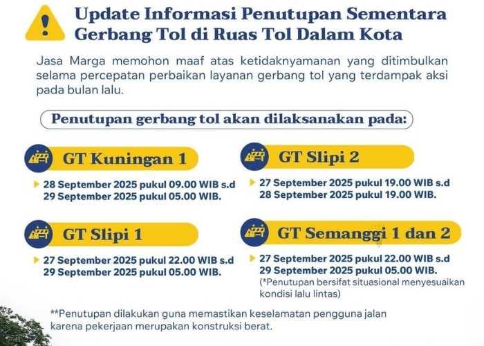 WAJIB TAHU! Daftar Gerbang Tol Dalam Kota yang Masih Ditutup Hari Ini, 28 September 2025