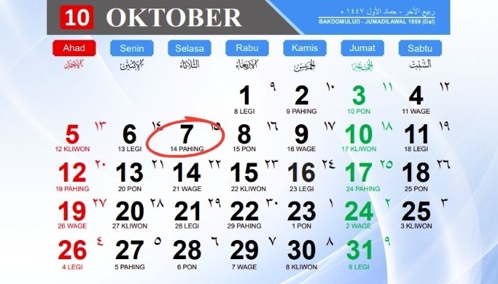 Kalender Jawa 7 Oktober 2025: Weton Selasa Pahing, Hari Baik, dan Ramalan Rezeki Hari Ini