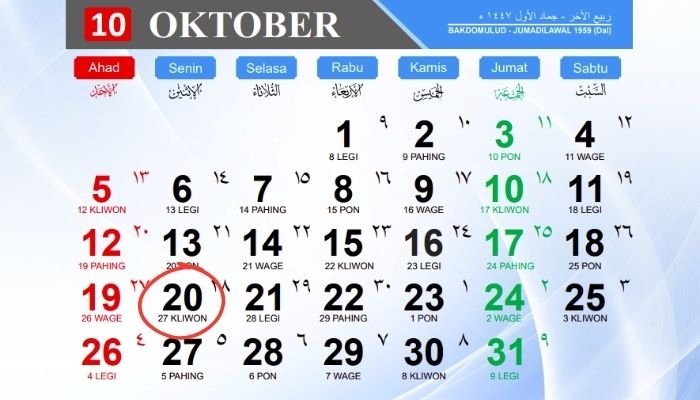 Kalender Jawa Hari Ini 20 Oktober 2025: Weton Senin Kliwon, Tanda Keberuntungan dan Energi Spiritual