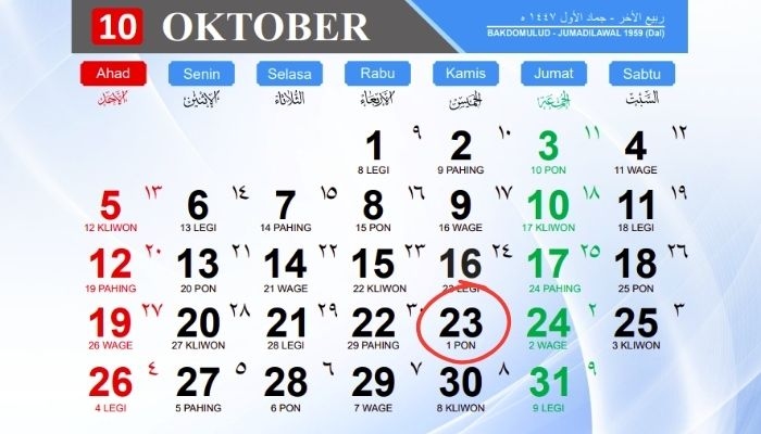 Kalender Jawa 23 Oktober 2025: Cek Weton Kamis Pon dan Rezeki Hari Ini