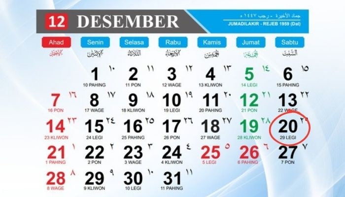 Kalender Jawa 20 Desember 2025: Cek Weton Sabtu Legi, Ini Watak dan Neptunya