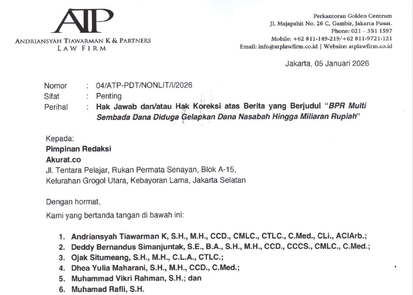 Hak Jawab atas Berita BPR Multi Sembada Dana Diduga Gelapkan Dana Nasabah Hingga Miliaran Rupiah